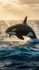 Obraz premium Majestic orca whale breaching ocean surface at golden sunset with dramatic water splash and warm atmospheric lighting creating spectacular marine wildlife moment.