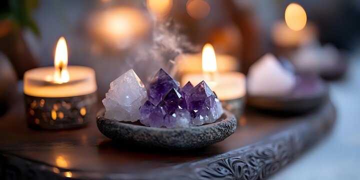 Amethyst and clear quartz crystals in stone bowl with burning candles creating peaceful meditation and spiritual healing atmosphere for wellness practices.
