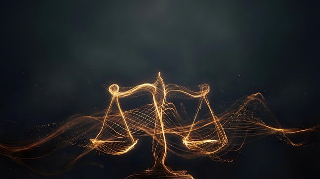 Golden scales of justice with flowing light trails on dark background symbolizing legal balance and fairness in law and court proceedings.