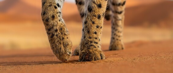 Obraz premium Cheetah paws walking on golden desert sand dunes with spotted fur pattern visible. Wildlife photography showcasing big cat movement in natural habitat.