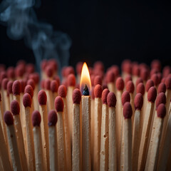 Macro image capturing a single wooden matchstick igniting flame among numerous red-tipped unlit matches with dark blurred background and fine texture details