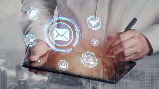 Email icons show digital communication, email service, and inbox management. Email supports online messaging, email notification, and secure exchange. Funnel