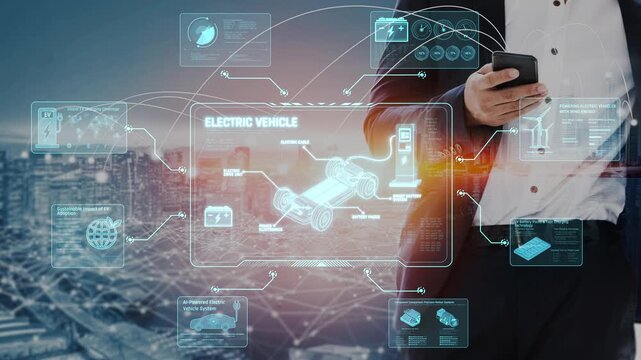 Technical layout of electric vehicle showing battery system, power control, traction motor, charging interface, and integration with renewable and smart energy sources Marrow