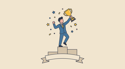 Successful businessman celebrating career achievement on a winner's podium holding a gold trophy cup. Concept of leadership, business champion, winning award, and professional victory.