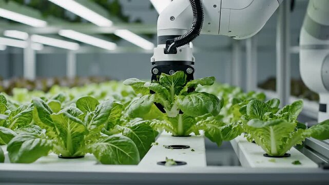 Robotic arms tend to lush green lettuce plants in a modern indoor hydroponic farm with led lighting