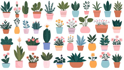 Flat Minimal Top-View Indoor Greenery Set &ndash; Decorative Potted Flowers & Leafy Plants for Architecture and Garden Layout Design