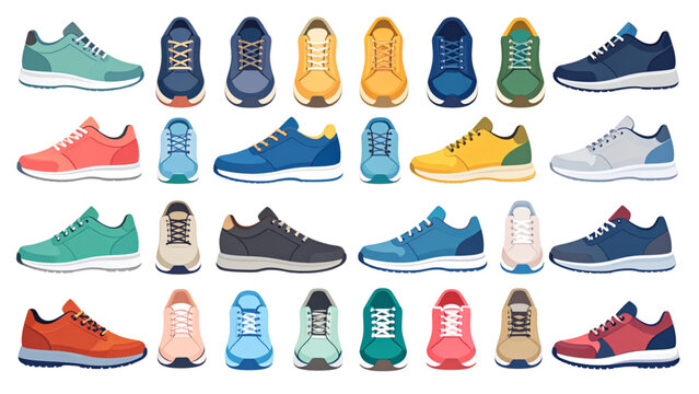 Trendy Fashion Sneakers Collection &ndash; Modern Colorful Sports Shoes Set for Men and Women Flat Vector Illustration
