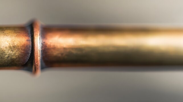 flippant. Close-up of a shiny brass joint connecting two copper pipes. safety posters, maintenance manuals, designed for industrial assembly lines and welding operations, used by engineers.