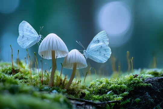 In the green forest, two small mushrooms grow on the mossy ground, with white butterflies flying around them. the background is dark and blurry.