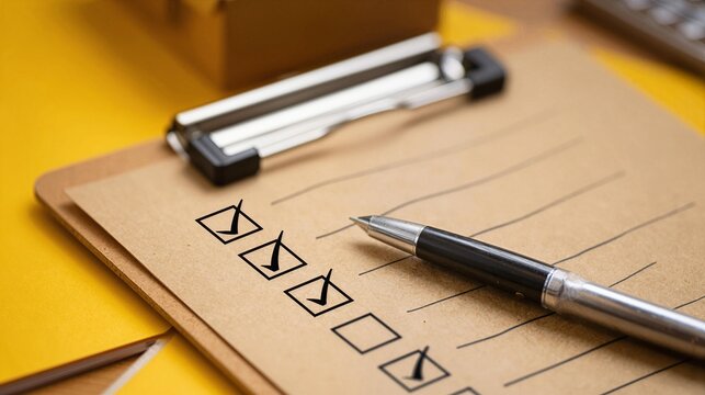 Closeup of a clipboard with checklist, clean composition ample negative space