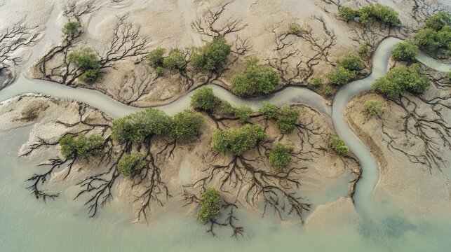 shortcoming. Aerial view of mangrove roots sprawling across a muddy tidal flat at low tide. ESG reports, sustainability campaigns, designed for sustainability communications and ESG reporting.