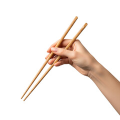 Slender female hand with natural nails gracefully holding light brown wooden chopsticks against a clean gray studio background, commercial product photography concept