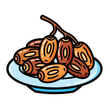 A cluster of ripe dates on a light blue plate, depicted in a simple cartoon style.