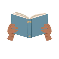 Hands holding open blue book