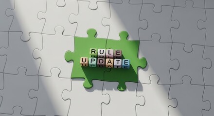 Rule Update Puzzle Piece with Colorful Letters on White Background