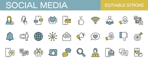 ソーシャルメディアやsnsに関するラインアイコンセット（線幅変更可能・カラー） © Rico