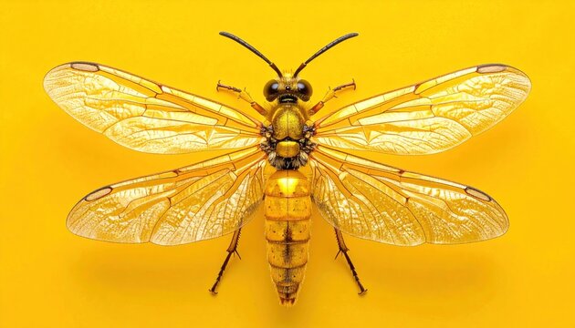 Close-up Macro Shot of a Golden Yellow Sawfly Insect with Intricate Wing Details on a Vibrant Yellow Background