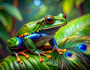 Naklejka premium Vivid frog with vibrant colors, perched on a peacock feather and lush foliage