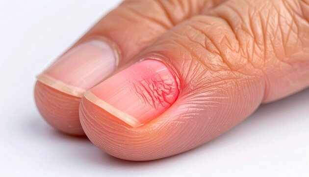 Close-up of a painful, inflamed finger with paronychia, showing redness and swelling around the nail bed, indicating an infection or injury.