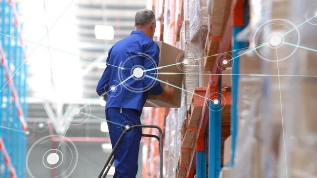 Warehouse picker reaching shelf, lifting carton on steps, picking while HUD linking rack-box rising