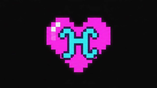 Retro pixel art heart with a stylized blue H initial symbol in the center glowing pink and cyan on a black background glitch effect overlay.