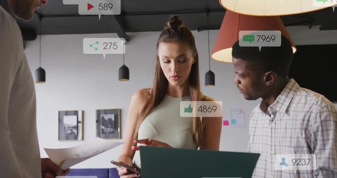 Team, woman tapping phone causing marketing alerts growing over laptop docs, analyzing metrics