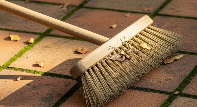 Wooden Broom on Bricked Path in Sunlight with Dried Leaves