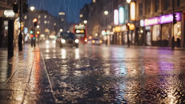 Rainy London street at night with a red doubledecker bus and car traffic reflecting on wet asphalt.