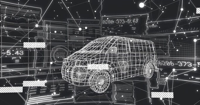 Data bars sliding in, initiating wireframe 3D van rotating, tilting, receiving diagnostic scan