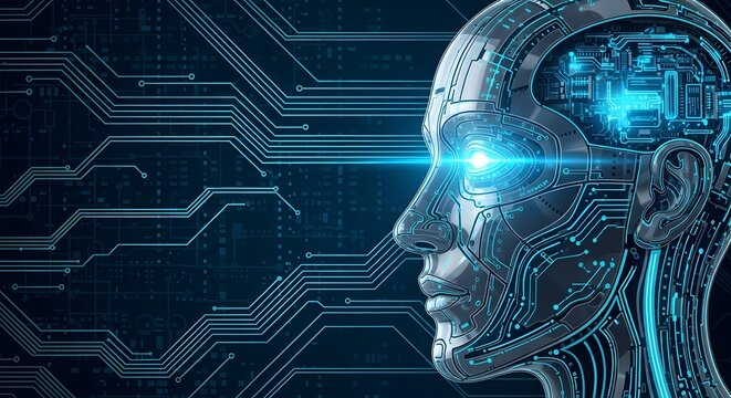 Futuristic AI Robot Head with Glowing Blue Circuits and Data Streams.