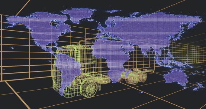 Purple holo map appearing, wireframe truck remaining static while map scanning, showing logistics