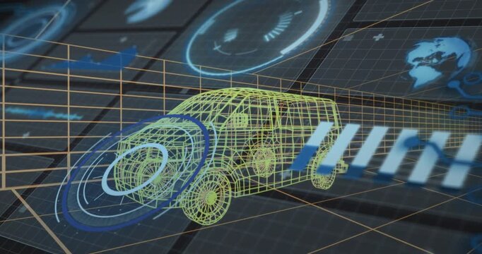 HUD activating yellow wireframe minivan undergoing scan with rotating rings and sliding chevrons