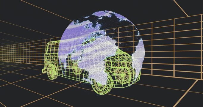 Globe emerging rear-right, rotating and growing across neon wireframe van, visualizing data overlay