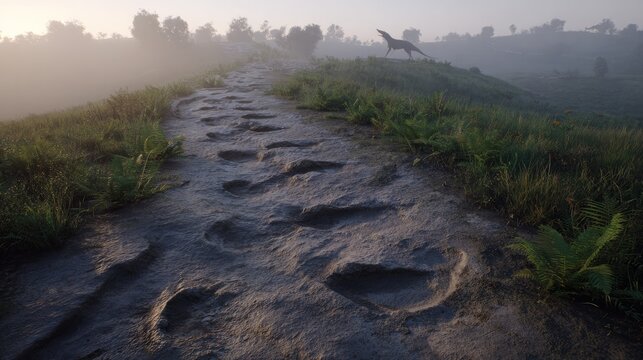 implementer. Fossilized Tyrannosaurus rex footprints in mud, leading into misty dawn. wildlife magazines, conservation campaigns, designed for wildlife conservation campaigns.