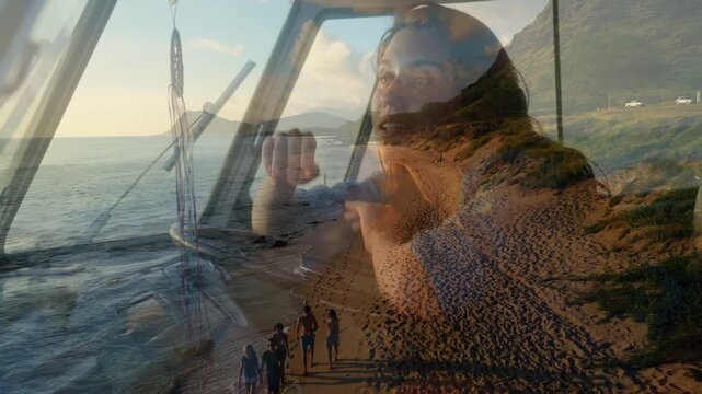 Woman leaning at rail boat gazing horizon and initiating sliding beach group reflecting travel