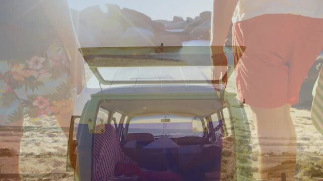 Friends lifting rear hatch, animated cooler overlay fading, revealing surfboard for beach surf prep