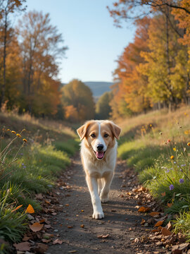 nature, landscape. Autumn. walk in nature. Dog on a walk. The puppy is walking. best friend pet
