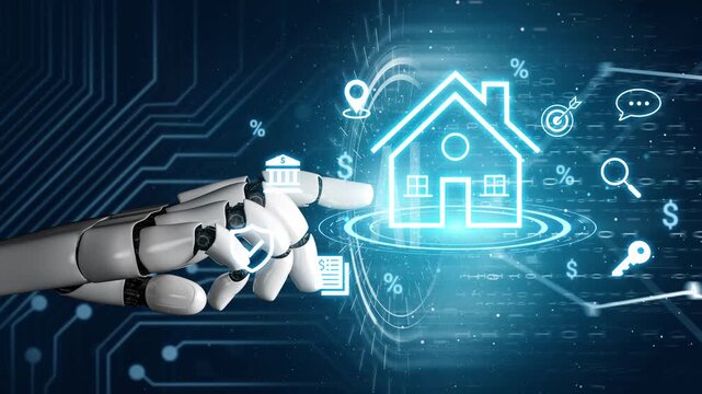 Futuristic robotic hand interacting with holographic house icon, representing technology, smart homes, and digital transformation in real estate sector Gluon.