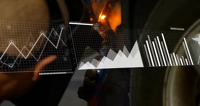 Tech touching torch to seam, welding arc sparking HUD graphs animating for industrial weld tracking