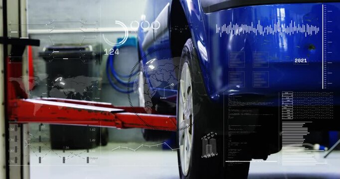 Red lift arm sliding under blue car, contacting, raising rear wheel for service while HUD animating