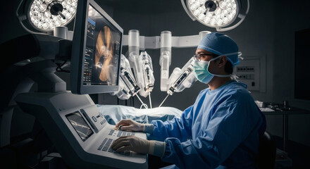Surgeon in Operating Room with Medical Equipment and Monitor
