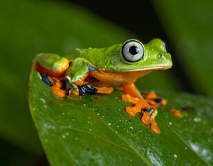 Obraz premium Vivid shot of a bright green frog with orange and blue accents, on a large leaf