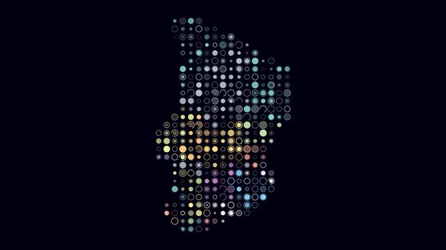 Chad animated country shape. Pulsating colored dots on the map of the country. Large size circle blocks. Digital style Chad map on dark background. Trending animation video.