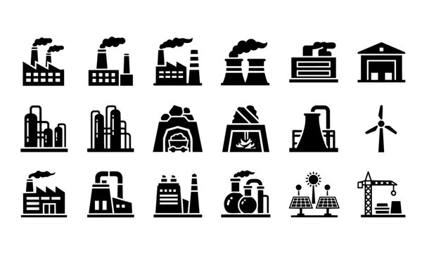 Industrial and Energy Icon Set &ndash; Factory, Power Plant and Renewable Energy Silhouette Collection