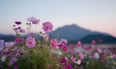 Obraz premium a field of cosmos flowers in full bloom, with the sun setting behind mountains in the background