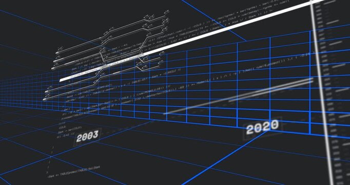 Generative 3D timeline gliding through blue grid, white trend line entering, showing data trends