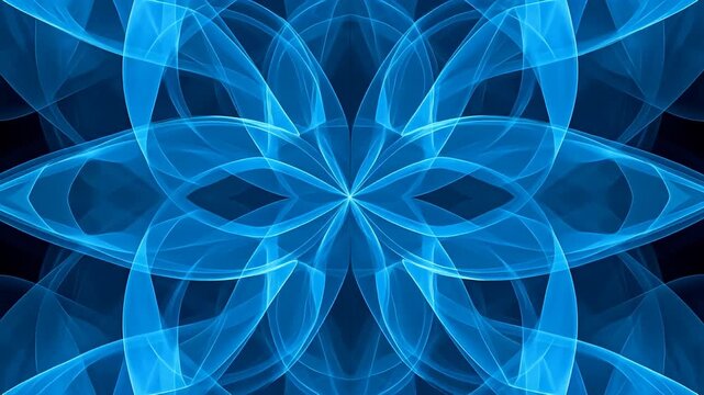 Symmetrical blue abstract design with overlapping flowing curves on a dark background
