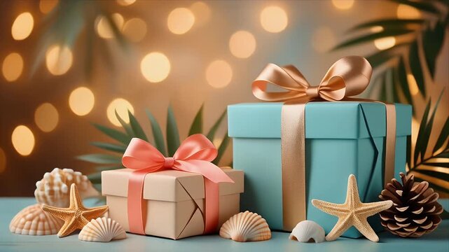 Beautifully wrapped gifts with seashells and starfish on a festive background