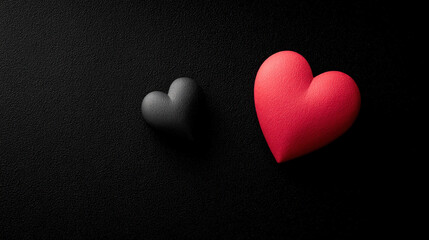 Obraz premium Minimalist black background featuring two hearts, one black and one red, creating striking contrast. This evokes feelings of love and affection, perfect for Valentine Day