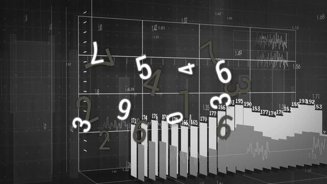 Glow initiating digits tumbling, bars rising in sequence, labels forming, visualizing data trend